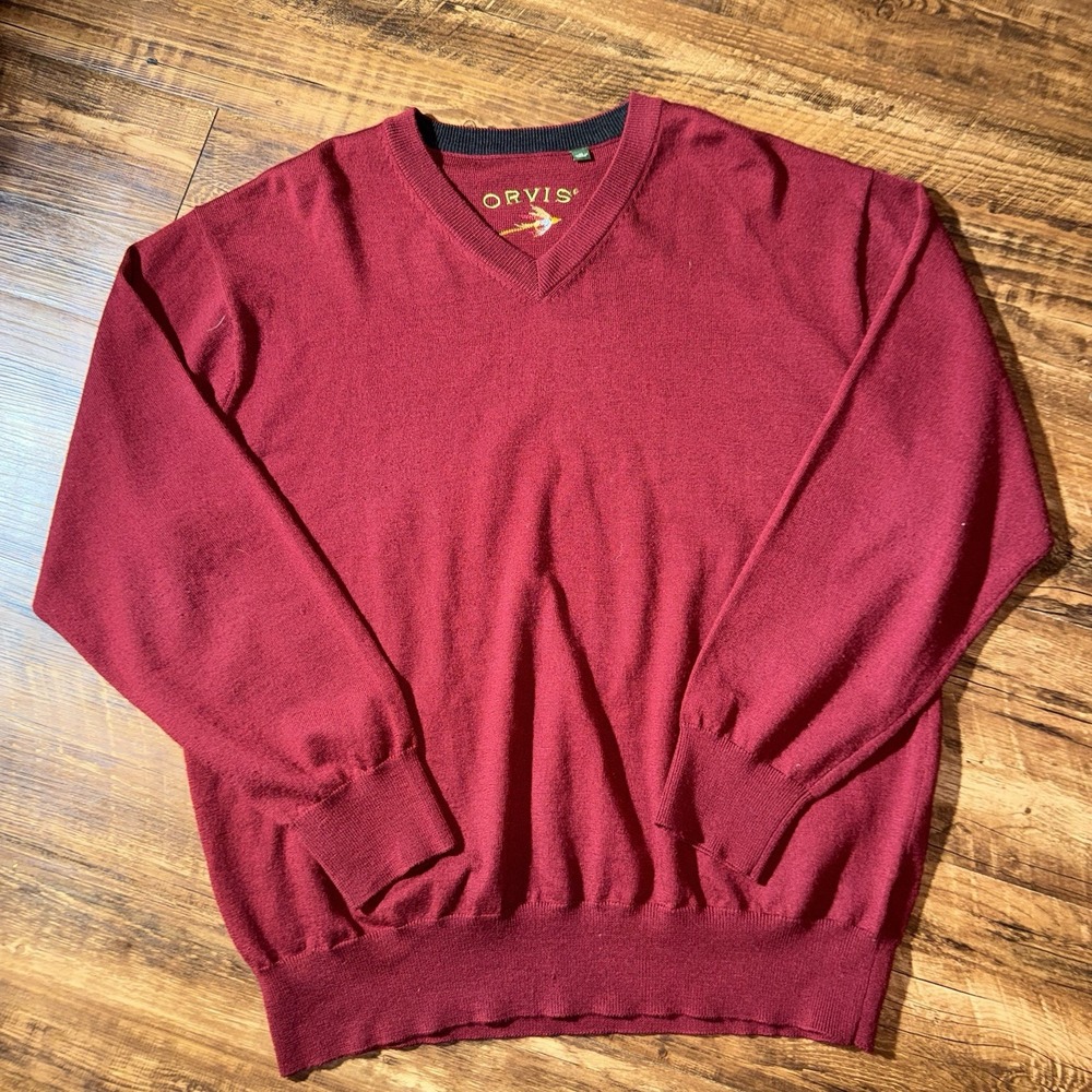 Orvis Maroon 100% Wool V-Neck Pullover Sweater Men's XL